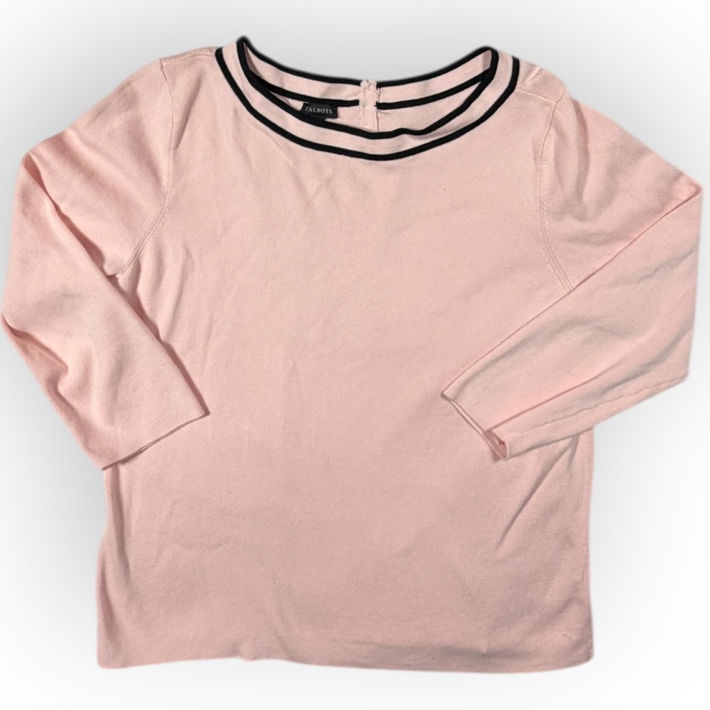 Talbots Women's Pink Knit Sweater Crew Neck Black Trim‎ Button Detail XL